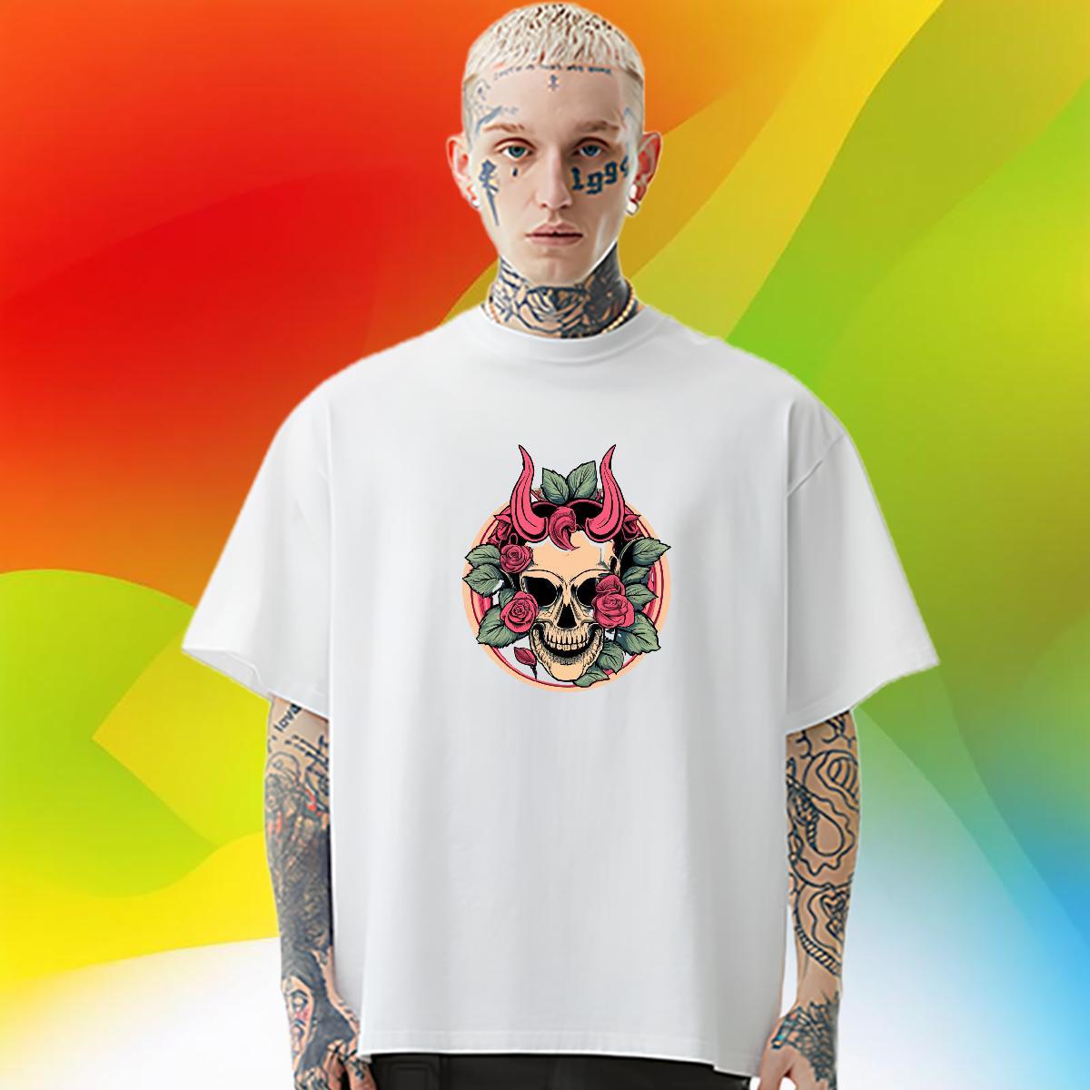 DIY Mens T Shirts skull Tops Tees 230g Pure Cotton Daily Outfit TOP Quality DIY Printed Breathable Crew Neck Men Tshirts