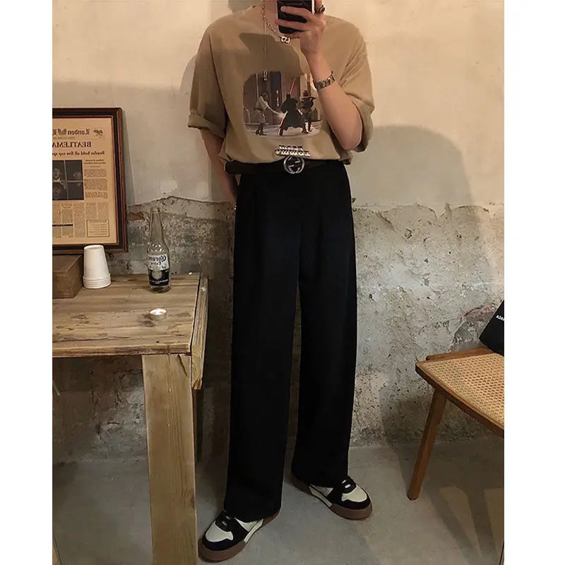 Retro solid color summer straight leg mens wide pants with fashionable pockets that fully match street casual loose fit Trousers 240812