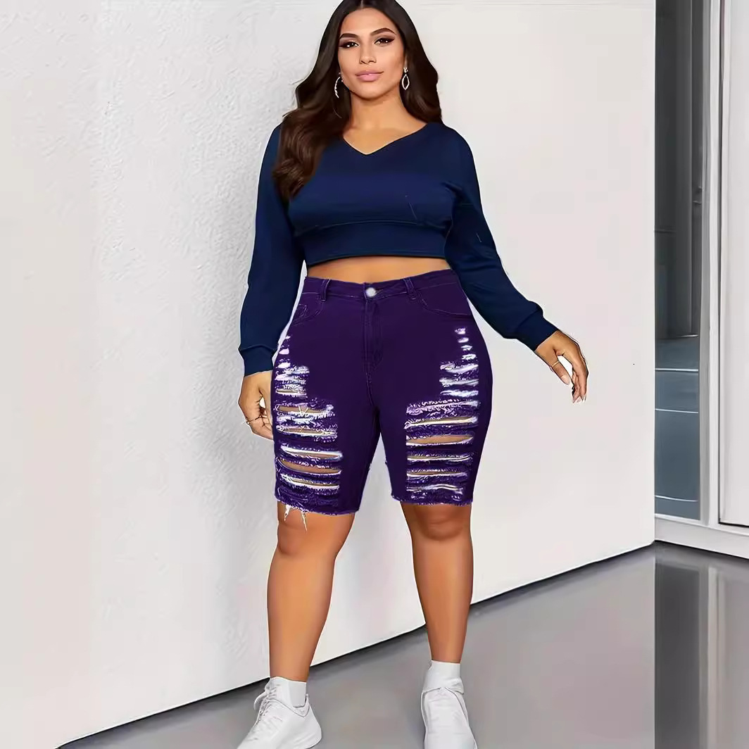 Fashion and casual plus size women's clothing with holes, high waist, washed denim shorts, shorts