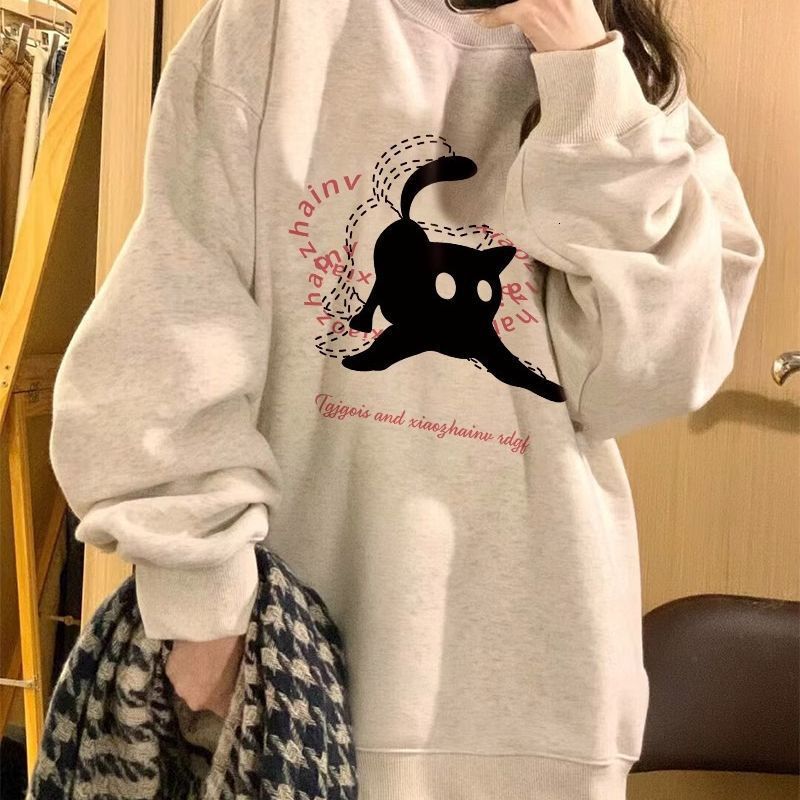 Sweet girl round neck casual plush hoodie women's autumn and winter Korean version loose long sleeved thin top for students to wear externally