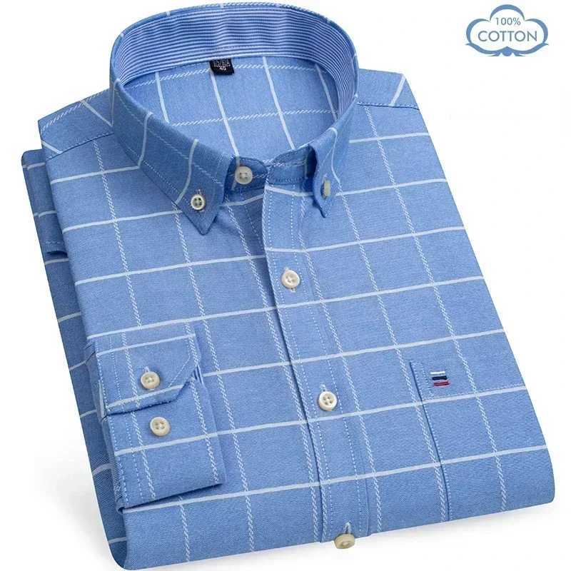 Oxford Men Fashion 100% Cotton Thin Long Sleeve Casual Slim Solid Color Plaid Print Stripe Formal Dress Shirt Plus 7XL 6XLM240807