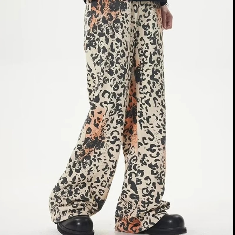 High Street Retro Jeans Mens Washed Old Leopard Print Full Cowboy Trousers Hip Hop Straight Wide Leg Denim Overalls Summer 240806