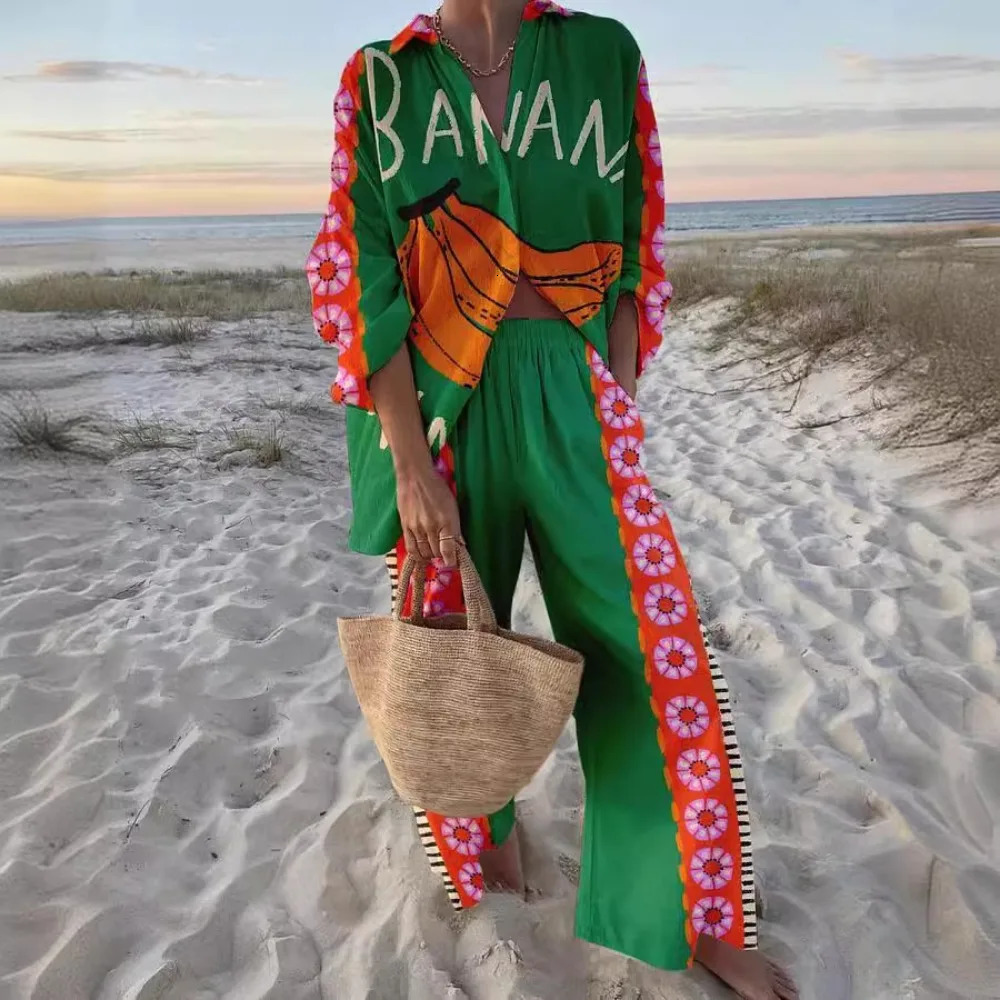 Summer Fashion Print Two Piece Set Women Sexy Polo Collar Long Sleeved Shirt Long Pants Casual Loose Two Piece Set 240807