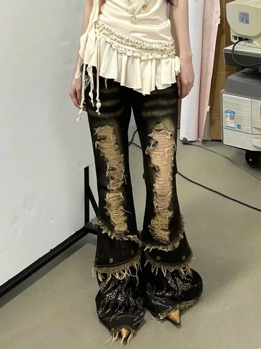 American Vintage Washed Ripped Micro-flared Jeans Millennium Low Waist Slim Fit Wide Leg Jeans Harajuku Style Y2k Girl Jeans 240807