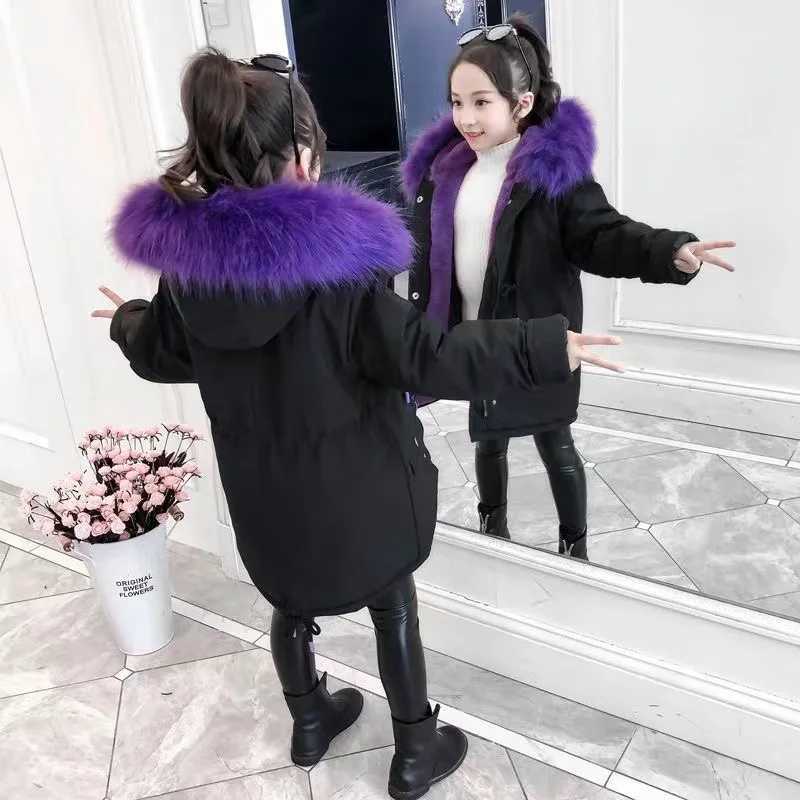 New winter cotton coat for girls aged 4-12 childrens large fur collar medium length cotton jacket X241115