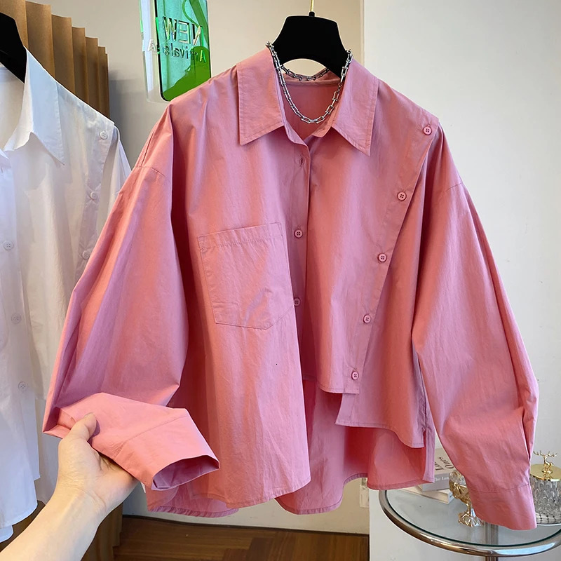 Early Spring Loose Casual Asymmetric Irregular Pink Shirt Women Chic Fashion Short Blouse Solid Color Top 240807