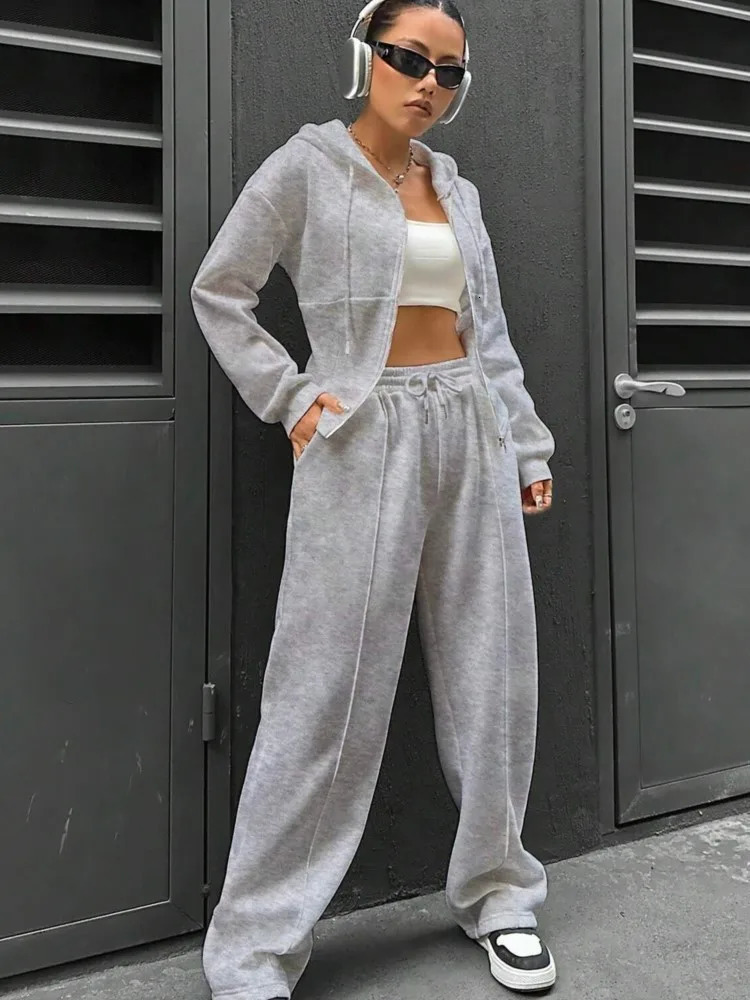Autumn and winter hooded cardigan womens suit solid color fashion mouth slim casual sports pants two-piece set Female 240807