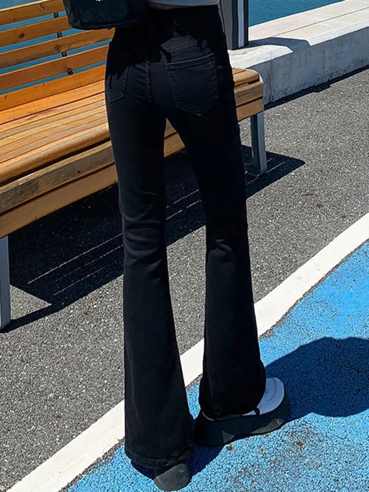 Women Black High Waist Jeans Fashion High Street Side Slit Bell Bottom Flare Pants Girls Gothic 90s Vintage Y2k Denim Trousers 240807