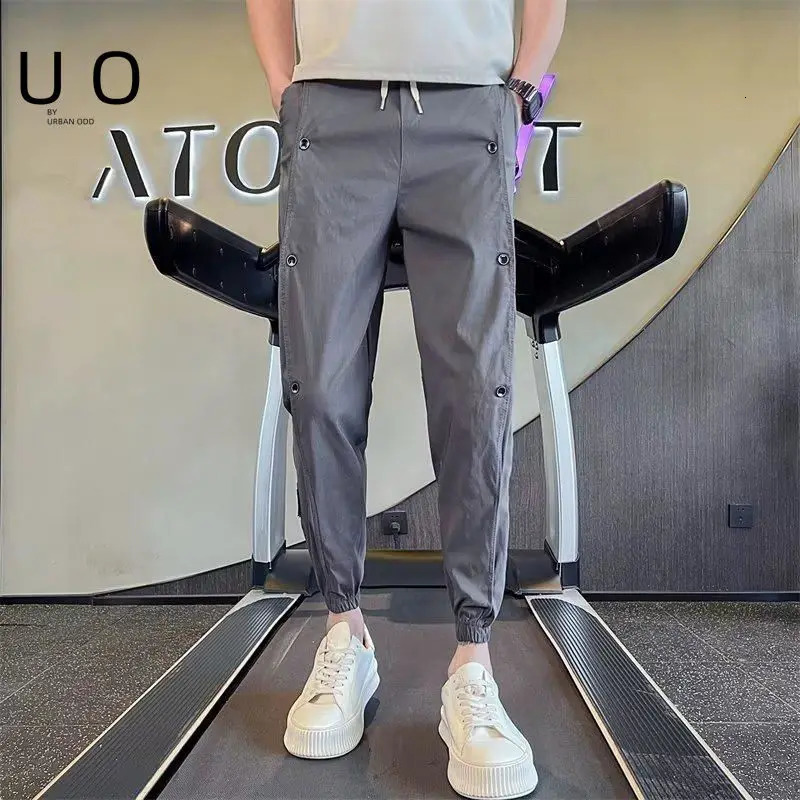 Casual Summer Thin Button Decoration Mens Cargo Pants Pocket Waist Drawstring Harlun Slim Korean Allmatch Male Trousers 240806