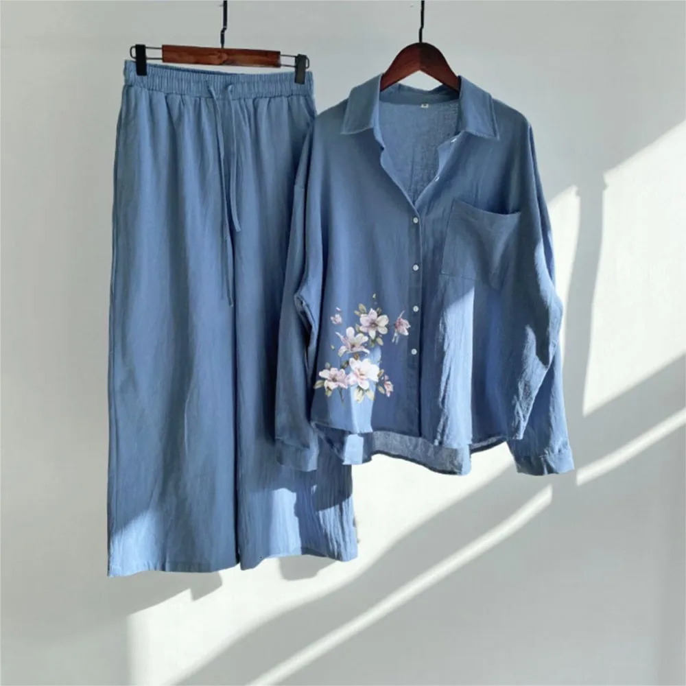 Fashion Cotton Linen Printed Long-sleeved Shirt Womens Suit Spring Autumn Casual Loose Wide-leg Pants Elegant Female 2piece Set 240807