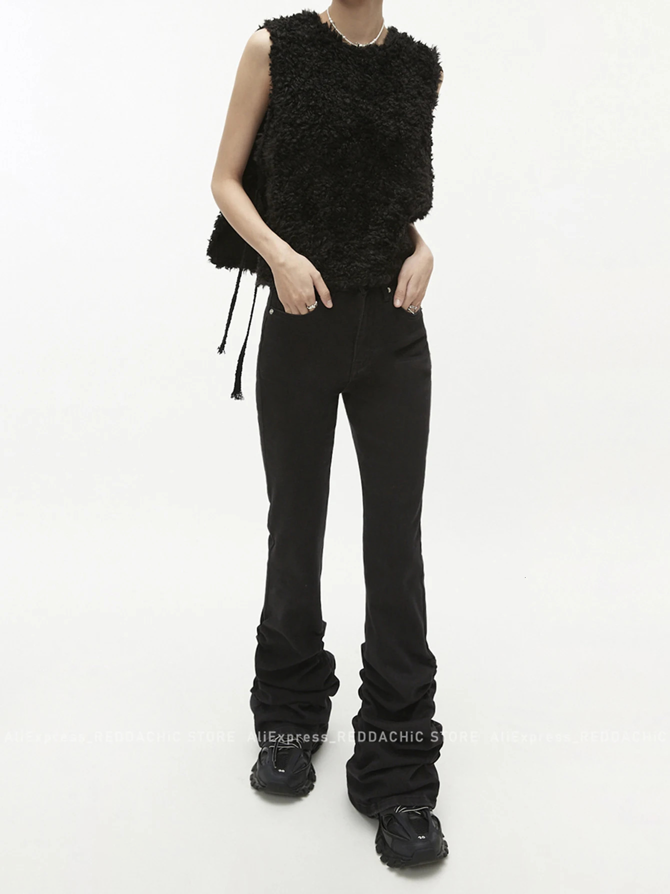 REDDACHiC Tall Girl Shirred Flare Jeans Basic Solid Black Bootcut Pants High Rise Denim Bell Bottoms Women Harajuku Y2k Trousers 240807
