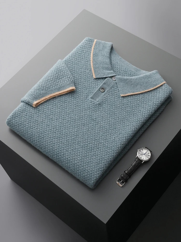 High quality spring and summer 100 pure cashmere mens sweater POLO collar knitted floral youth casual top short sleeved shirt 240807