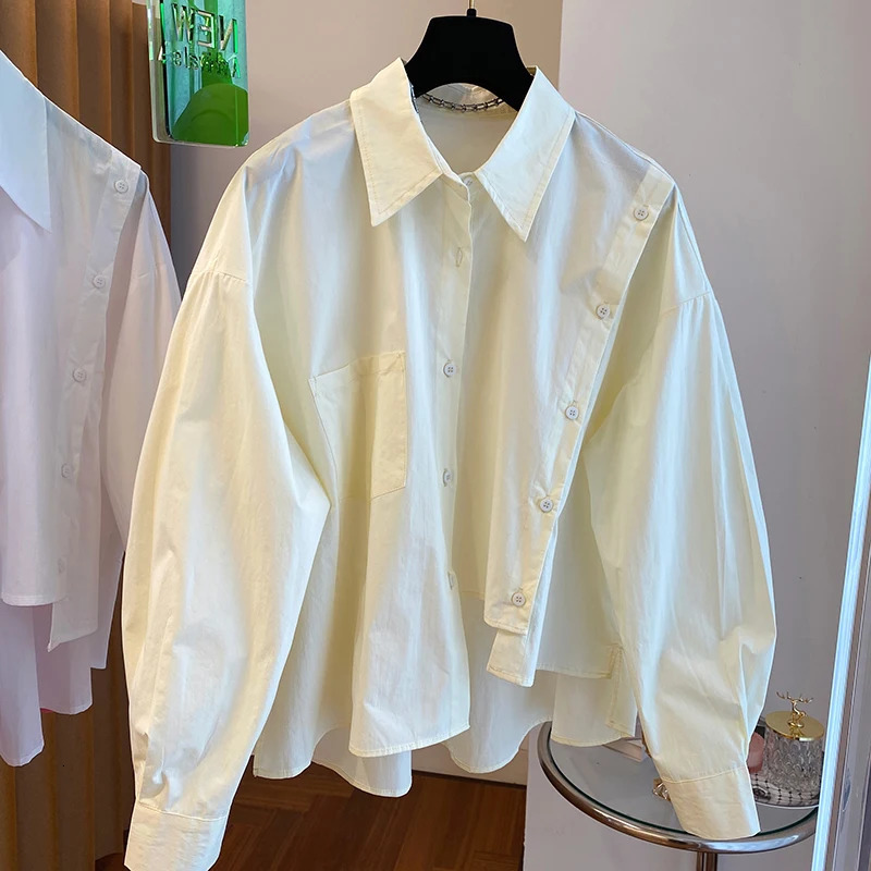 Early Spring Loose Casual Asymmetric Irregular Pink Shirt Women Chic Fashion Short Blouse Solid Color Top 240807