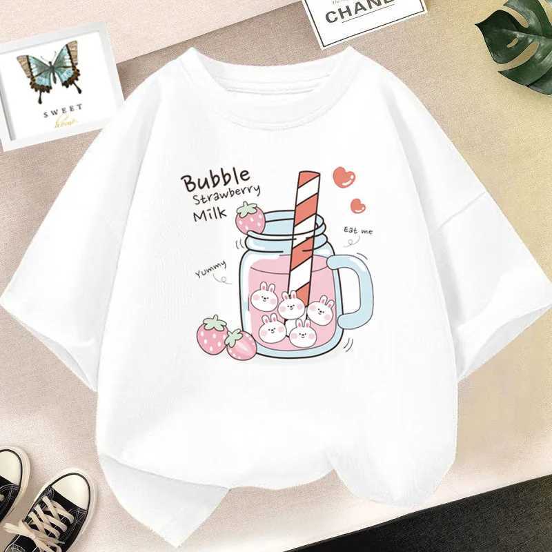 Strawberry juice graphic printed T-shirt girls aesthetic pink top T-shirt 2023 summer new fashion childrens T-shirtW240718