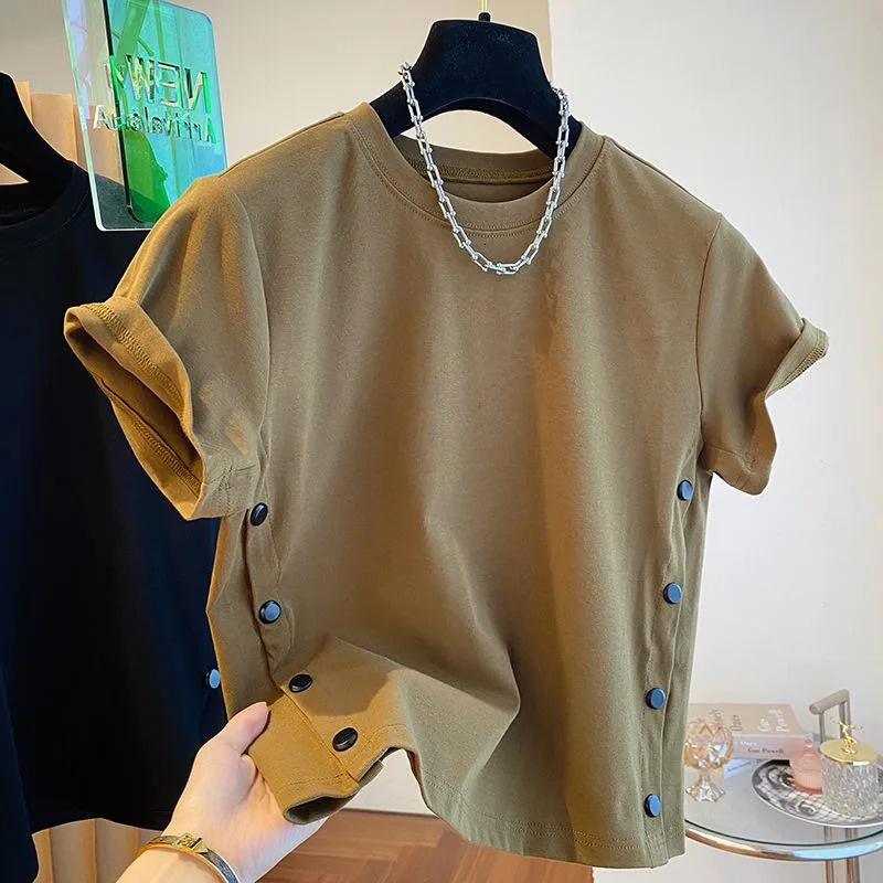 Neploe 2024 Summer Button Splicing O-neck T-shirt Y2k Short Sleeve Loose T-shirt Fashion High Waist White Top for Women240806