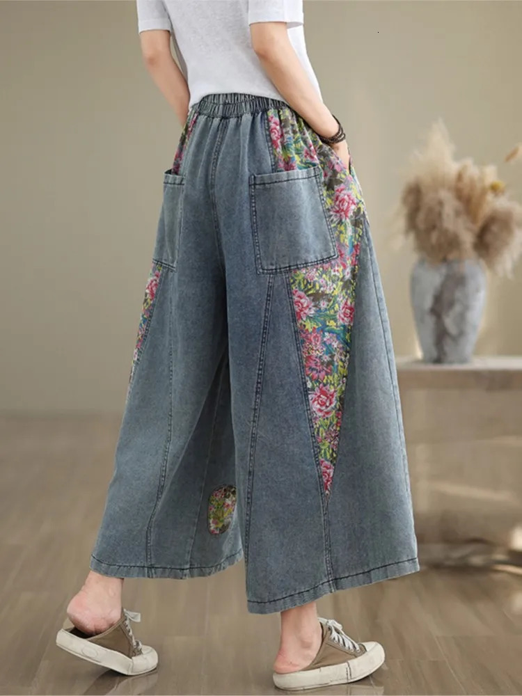 Oversized Jeans Summer Elastic High Waist Wide Leg Pant Women Flower Print Patchwork Fashion Ladies Trousers Loose Woman Pants 240807