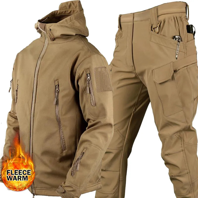 Autumn Winter Tracksuits Set Men Waterproof Jackets Fishing Hiking Camping Climbing Fleece Hooded Sets 240806