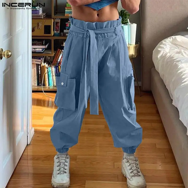 INCERUN Men Cargo Pants Solid Joggers Elastic Waist Trousers With Belt Streetwear Loose Fashion Casual Pantalon S5XL 240806