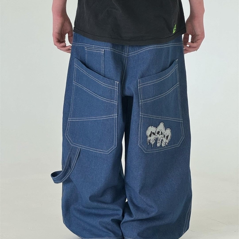 blue big pocket Skull printed loose Jeans Hip Hop streetwear fashion trend Straight pants casual Wide Leg pans Y2k 240806