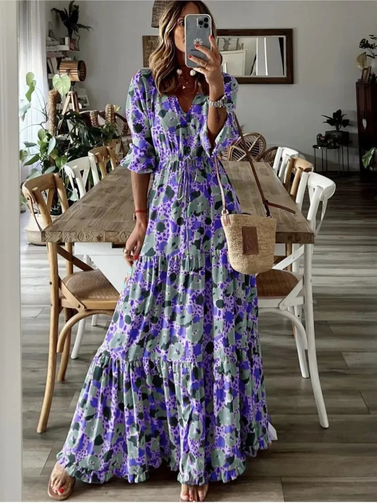 Spring Autumn Flower Print Long Dresses For Women Casual Holiday A-line Beach Dress Fashion Elegant Bohemian Style Maxi Vestidos 240807