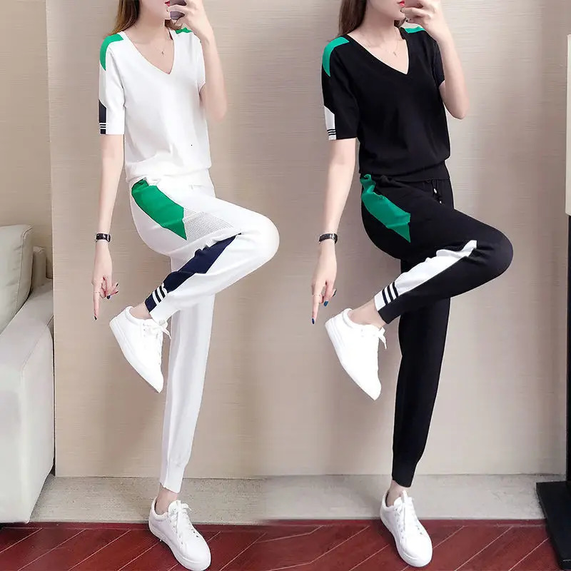 Sports Suit Womens Summer Style Fashion Loose Casual Short Sleeve Color Matching Leggings Two-piece Set Tracksuit 240807