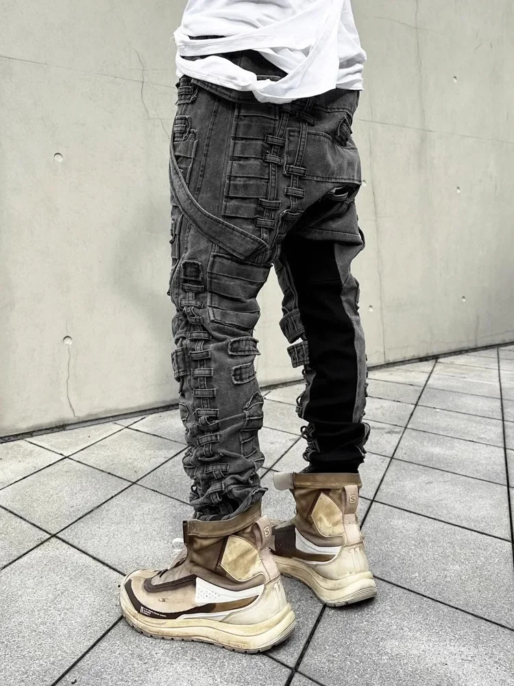 Mens Asymmetric Slim Fit Distressed Cargo Pants Dark Gray Washed Joggers Men 240806
