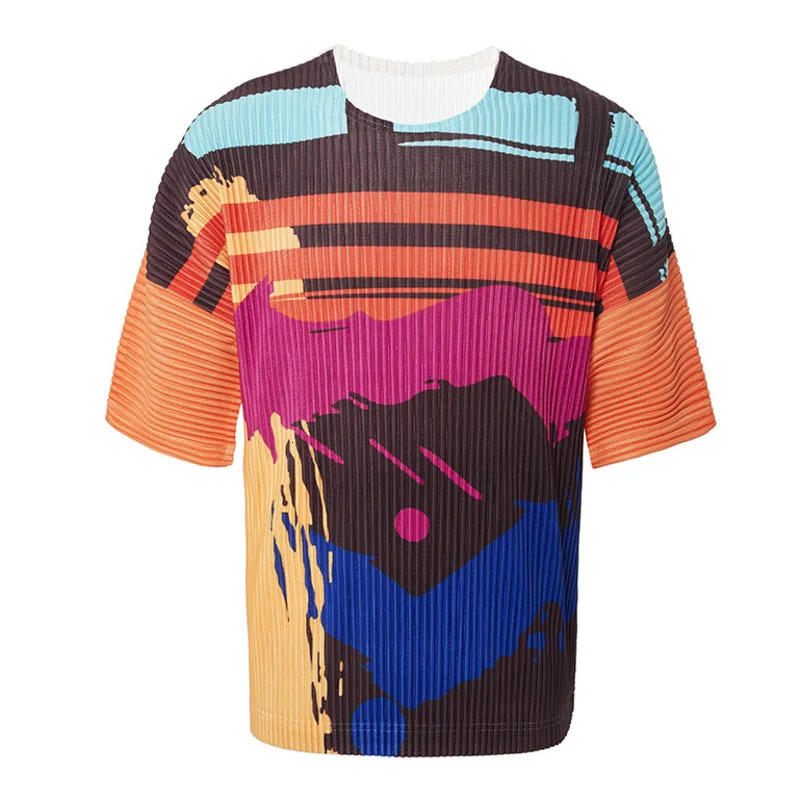 ALSEY Miyake O-neck short sleeved graffiti Japanese streetwear fashion T-shirt loose pleated abstract printing trend elastic top240807