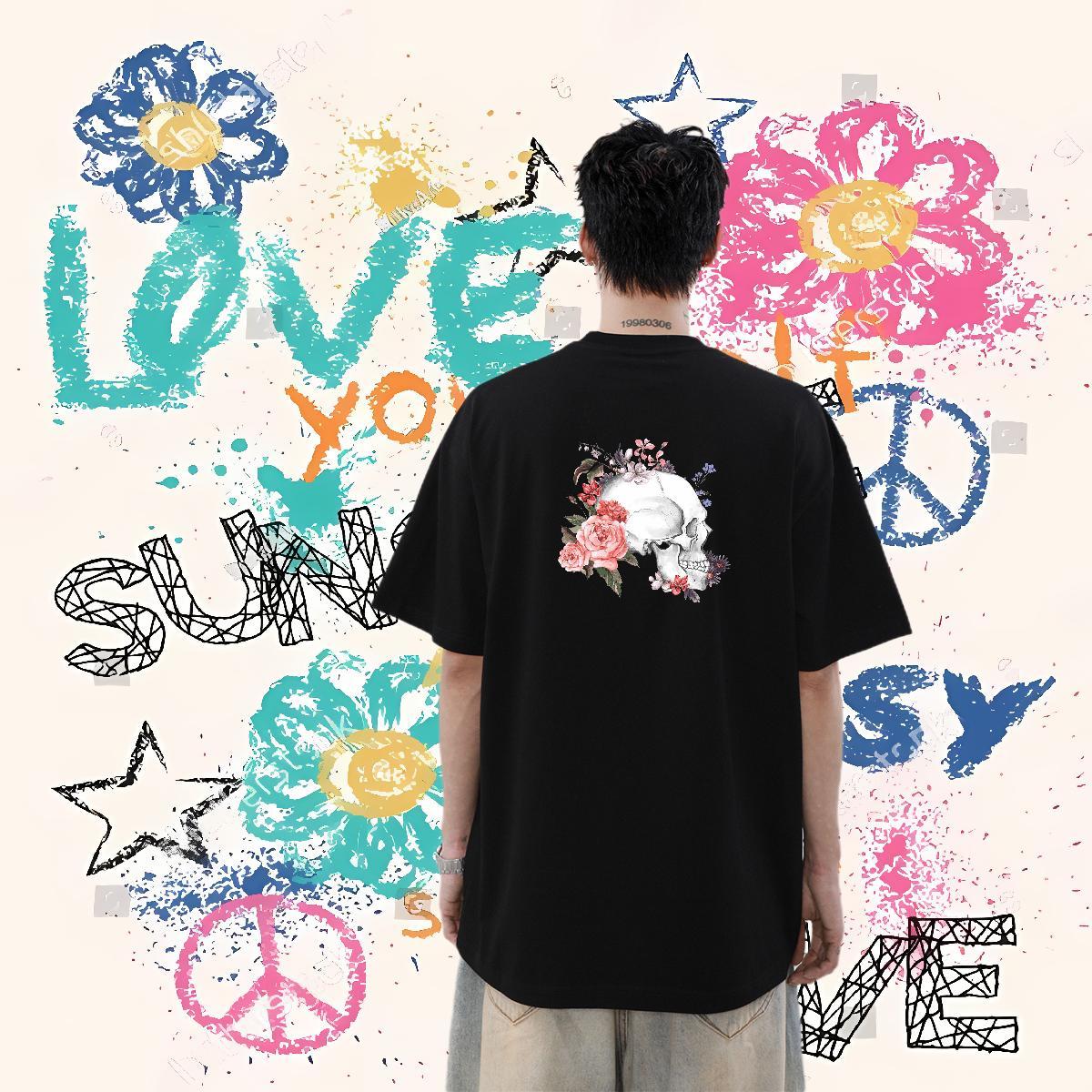 New Arrival Mens T Shirts flower Clothes 100% Cotton 230g Anime Printing Street Loose Fit Black White Breathable Soft Mens Tshirts