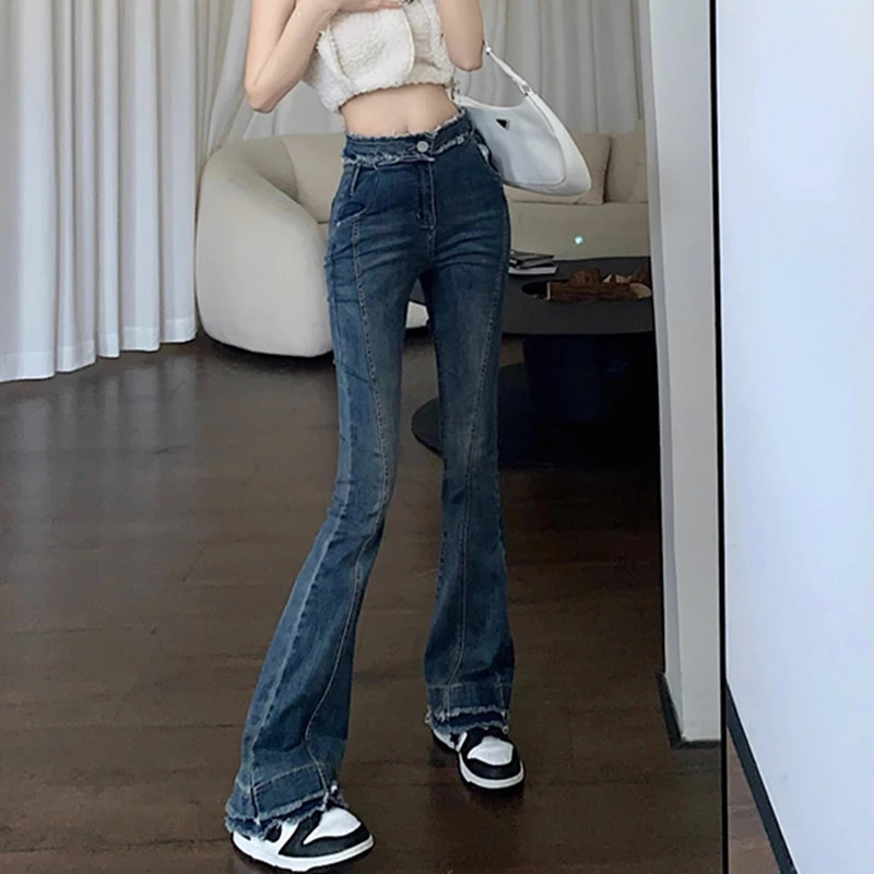 Woman Korean Y2k 2000s Flare Jeans Girls High Waist Fashion Slim Fit Bell Bottom Pants Female High Street Blue Denim Trousers 240807