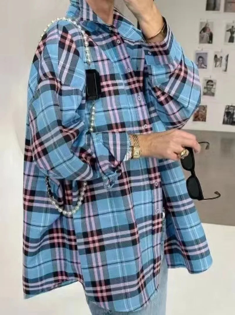 Summer Women Oversized Plaid Shirt Vintage Long Sleeve Loose Fit Blouse Autumn Female Office Fashion Shirt Tops For Woman 240807