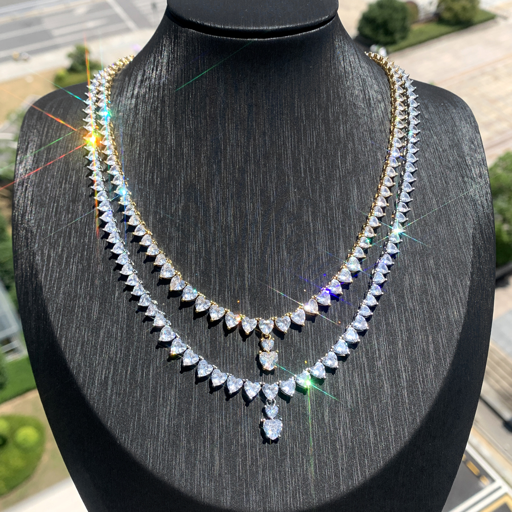 Tennis Chain Necklace: Prong Set White Heart CZ, Iced Out, Bg