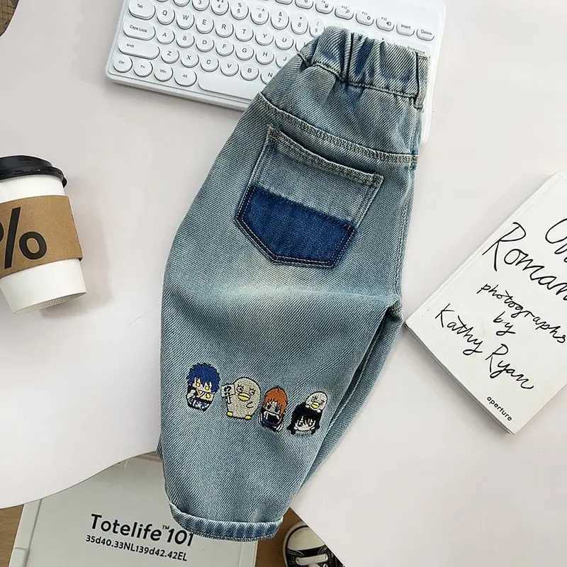 Jeans Childrens Spring Embroidered Pants 2024 New Handsome Boys Versatile Soft Jeans Baby Spring Autumn Korean Edition Pants Trousers
