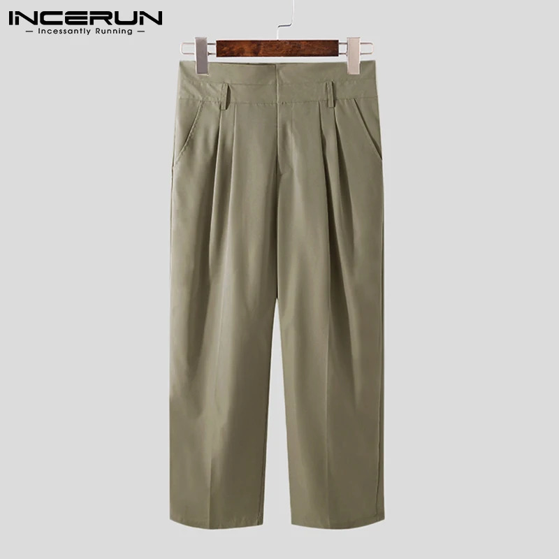 INCERUN Men Straight Pants Solid Color High Waist Streetwear Fashion Trousers Joggers Loose Casual Pantalon No Belt S5XL 240806
