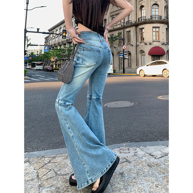 WCFCX STUDIO Vintage Blue Flare Jeans Women High Waist Slim Skinny Jeans Korean Style Street Streetwear Denim Trousers 240807