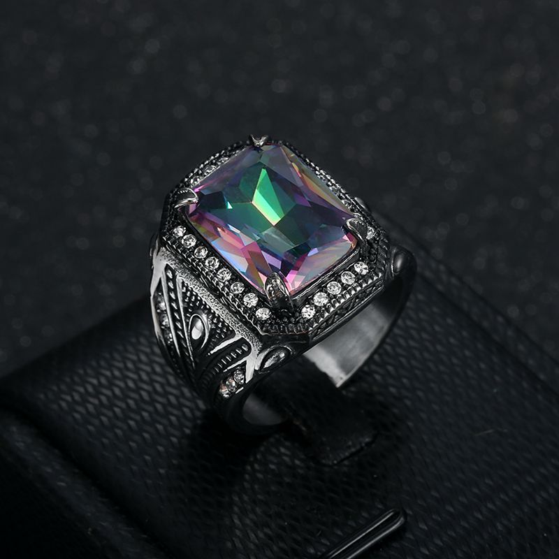 Retro Punk Casting Ring Iced Colorful Rhinestone Titanium Steel Mens Jewelry