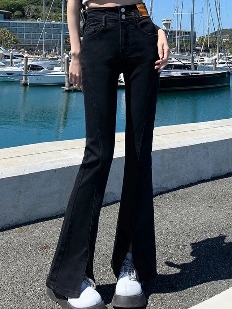 Women Black High Waist Jeans Fashion High Street Side Slit Bell Bottom Flare Pants Girls Gothic 90s Vintage Y2k Denim Trousers 240807