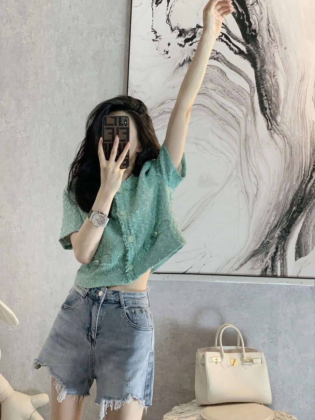 Vintage Fragrant Short Sleeve Jacket Womens Spring/Summer Versatile Fashion Tweed Greent Coat 240806