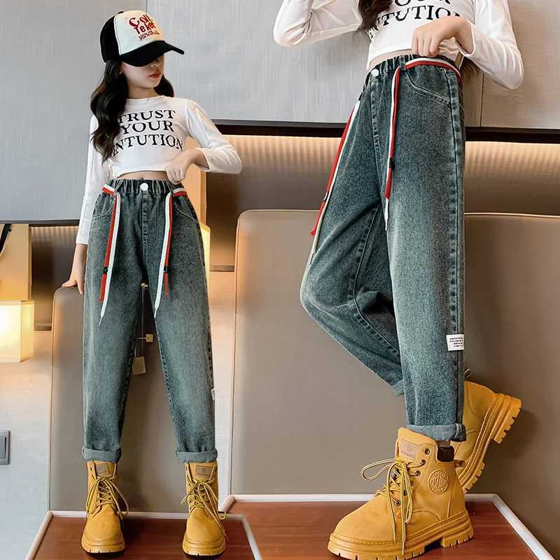 Jeans Girls Elastic High Waist Patchwork Jeans Loose Blue Denim Pants for Teen Straight Trousers Casual Harem Jean Clothing 5-14 Years