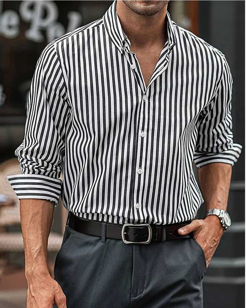 Mens Shirt Button Up Shirt 6XL Summer Shirt Yellow Long Sleeve Striped Lapel Resort Shirt Fashionable Casual ComfortableM240807