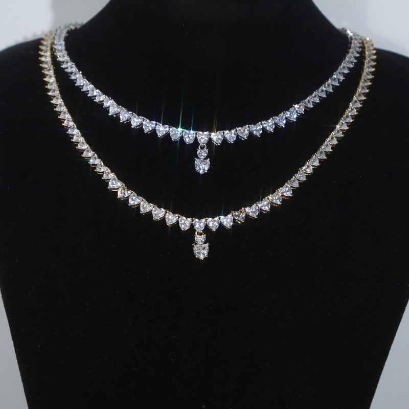 Tennis Chain Necklace: Prong Set White Heart CZ, Iced Out, Bg