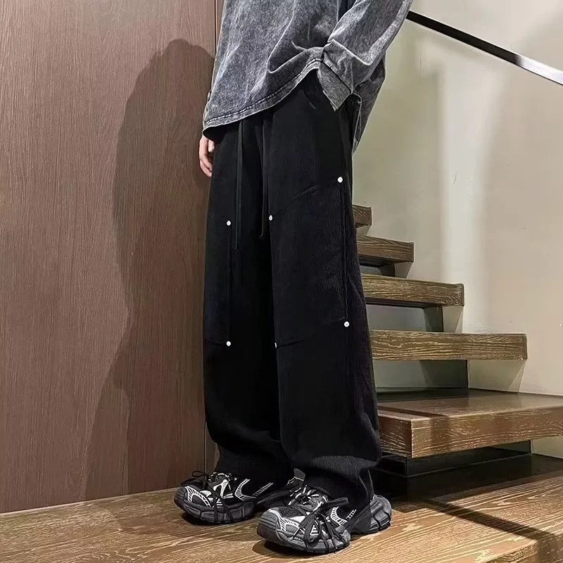 Pockets Harem Corduroy Pants For Men Y2K Streetwear Baggy Sweatpants Male Casual Retro Solid Cargo Straight Trousers 240806