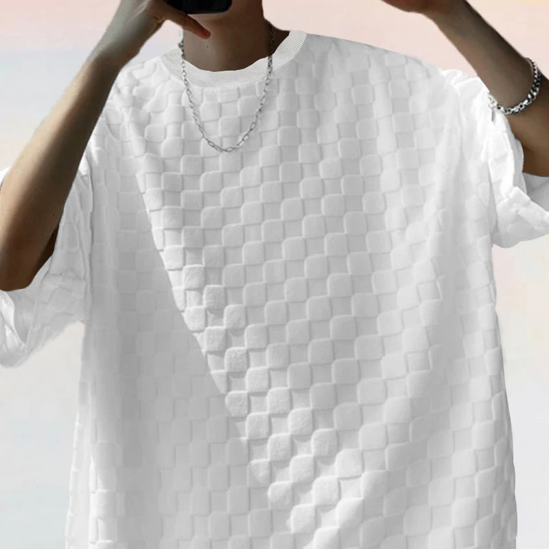 Checkerboard checkered jacquard ice silk short sleeve t-shirt set mens summer wear plus size draped five-point shorts two-piece 240813