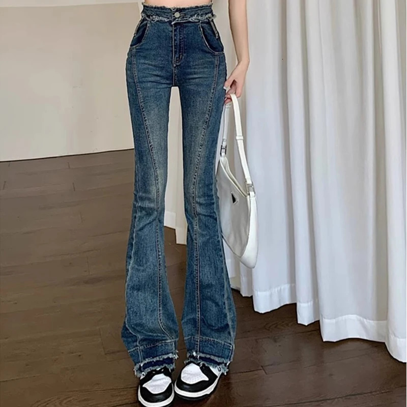 Woman Korean Y2k 2000s Flare Jeans Girls High Waist Fashion Slim Fit Bell Bottom Pants Female High Street Blue Denim Trousers 240807