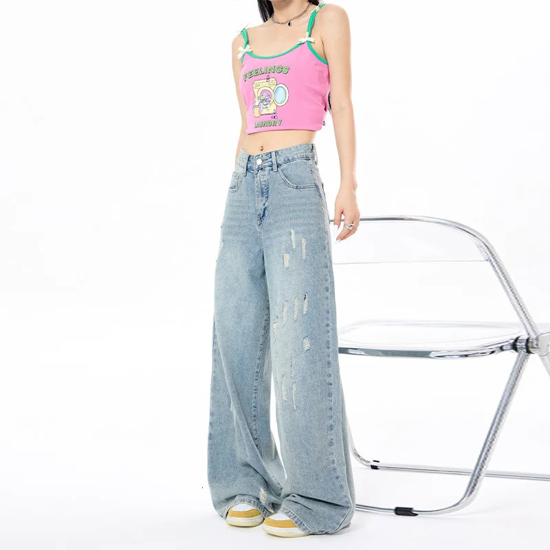Vintage Washed Wide Leg Jeans For Women High Waisted Straight Leg Denim Pant Spring Summer Loose Pants Streetwear 240807