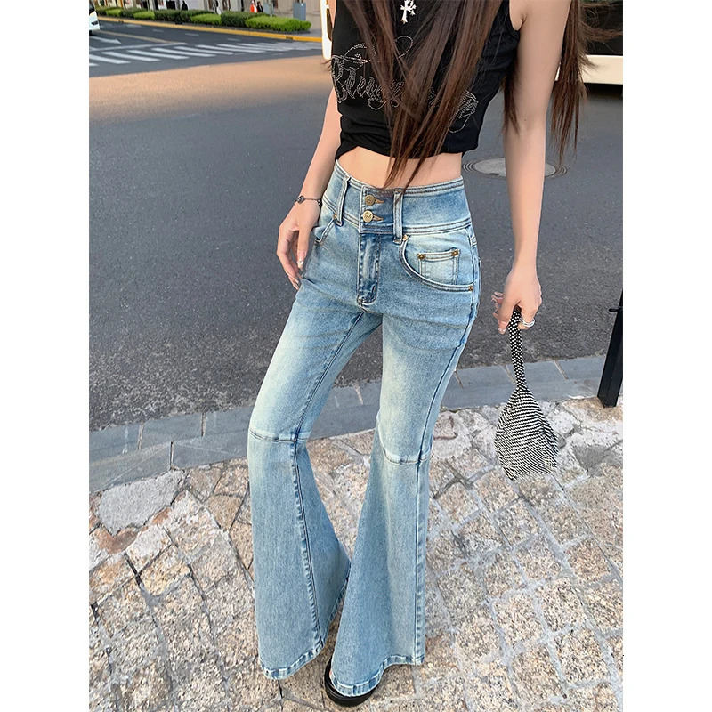 WCFCX STUDIO Vintage Blue Flare Jeans Women High Waist Slim Skinny Jeans Korean Style Street Streetwear Denim Trousers 240807