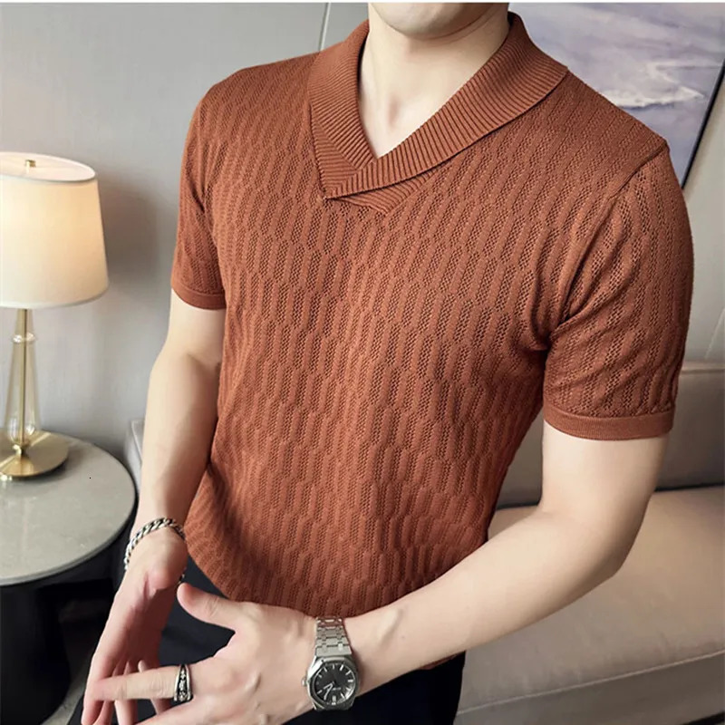 Summer slim fit fitness elastic Tshirt mens tee top ice silk short sleeved Vneck knitted solid color S3XL 240807