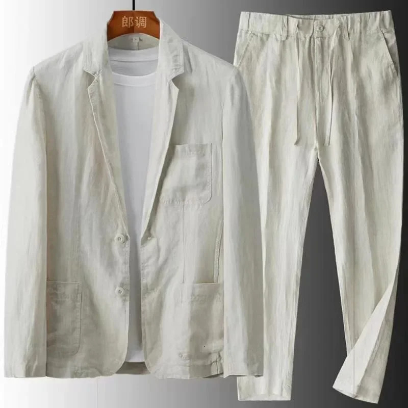 Mens 2 Piece Set Linen Pocket Solid Breathable Casual Mens Suit Business Clothing Thin Jacket Prom Long Pants Blazer Outfits 240806