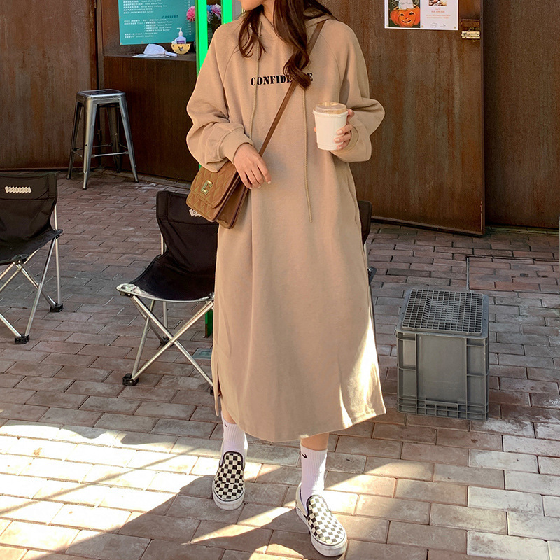 Autumn/Winter New Korean BF Style Split Hem, Loose Slim, Plush and Thick Over Knee Hoodie Long Dress