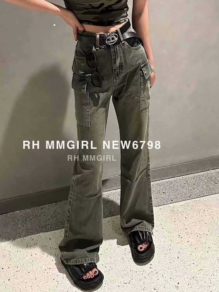 Autumn Winter Women Korean Fashion Denim Bell Bottom Grunge Cargo Pants Vintage Flare Jeans Y2k Japanese Streetwear Punk Gyaru 240807