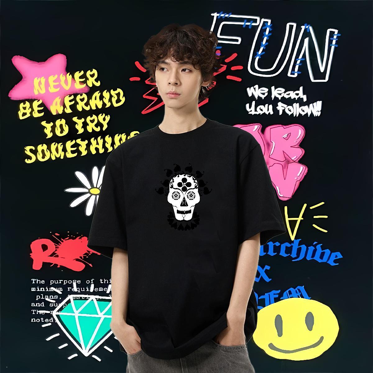 Factory Direct T-Shirts for Men skull Tops Tees 100% Cotton 230g Anime Printing Street Loose DIY Anime Round Neck Short Sleeve Men Tops Tees